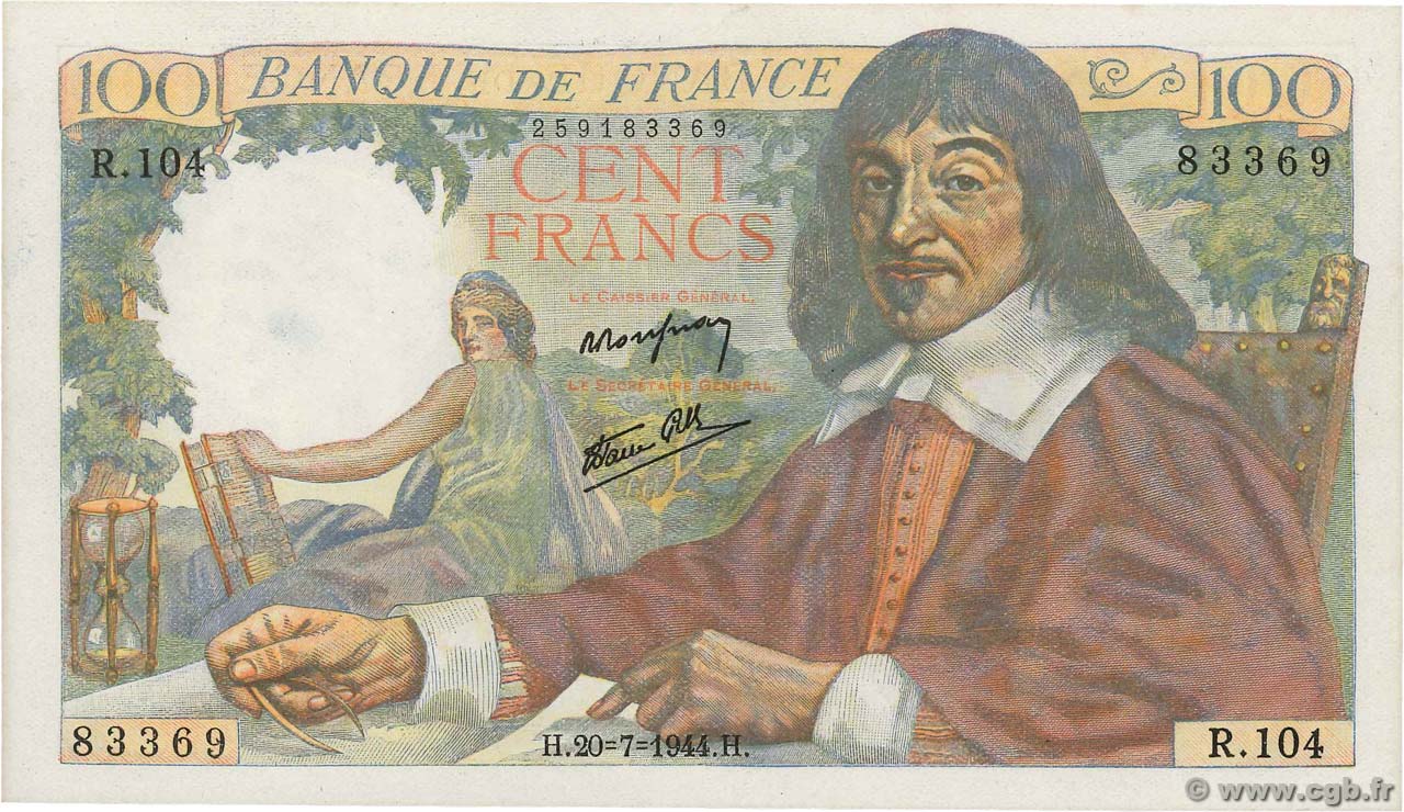 100 Francs DESCARTES FRANCIA  1944 F.27.06 FDC