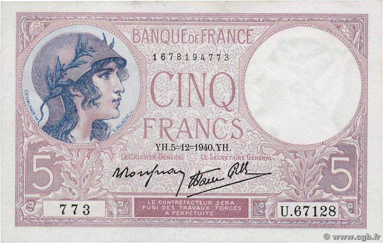 5 Francs FEMME CASQUÉE modifié FRANCE  1940 F.04.16 SUP+