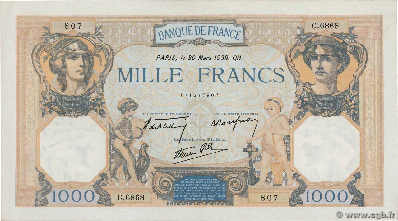 1000 Francs CÉRÈS ET MERCURE type modifié FRANCE  1939 F.38.35 XF+