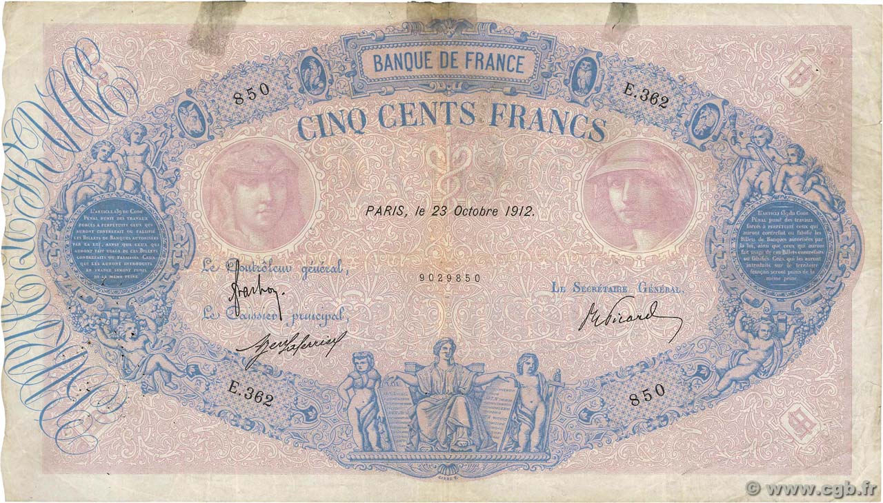 500 Francs BLEU ET ROSE FRANCIA  1912 F.30.20 q.MB
