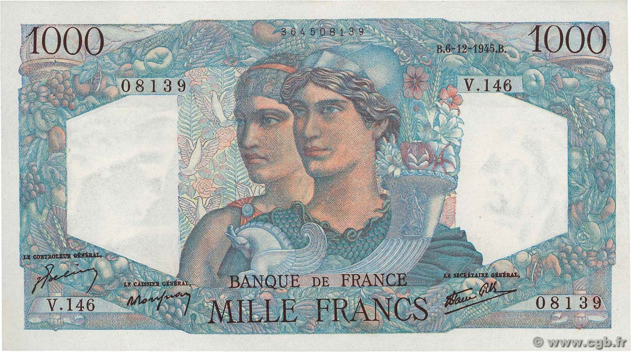 1000 Francs MINERVE ET HERCULE FRANCE  1945 F.41.09 SPL