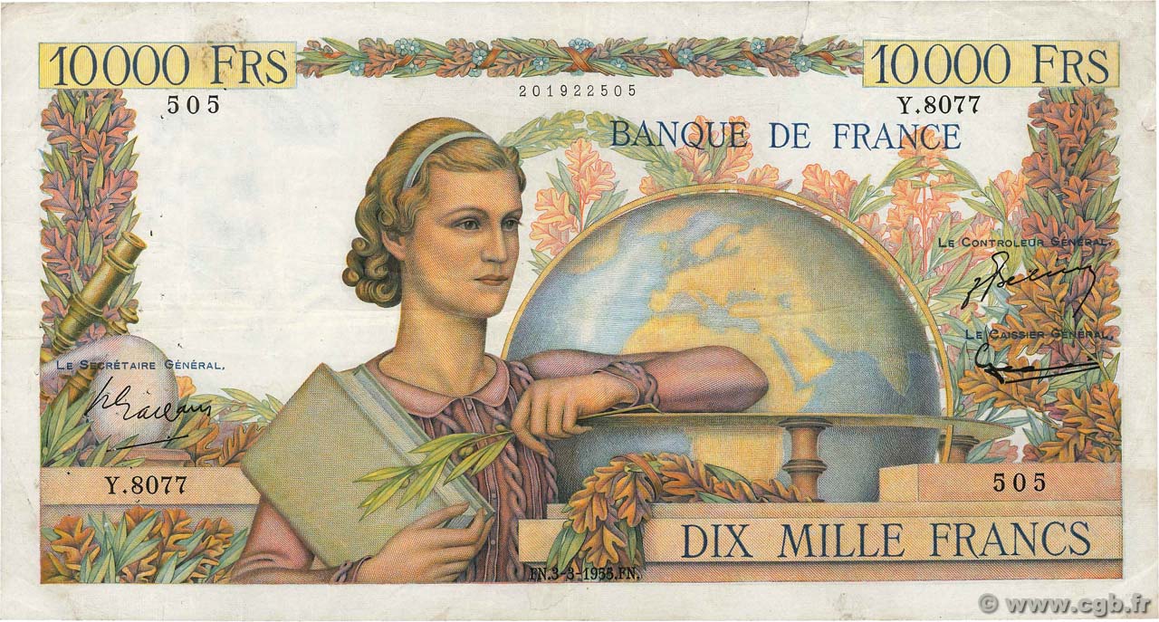 10000 Francs GÉNIE FRANÇAIS FRANKREICH  1955 F.50.73 S