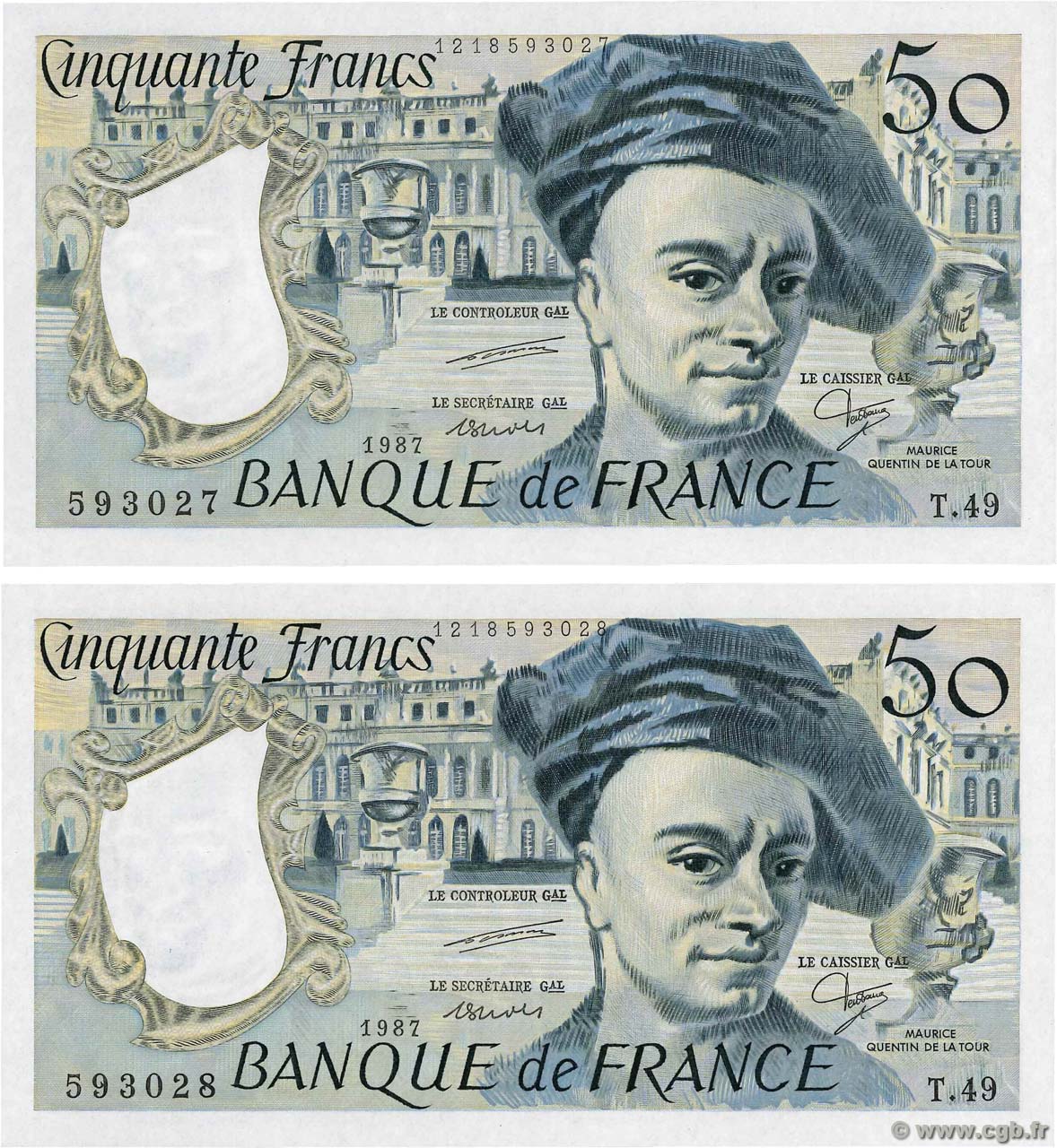 50 Francs QUENTIN DE LA TOUR Consécutifs FRANCIA  1987 F.67.13 SC+