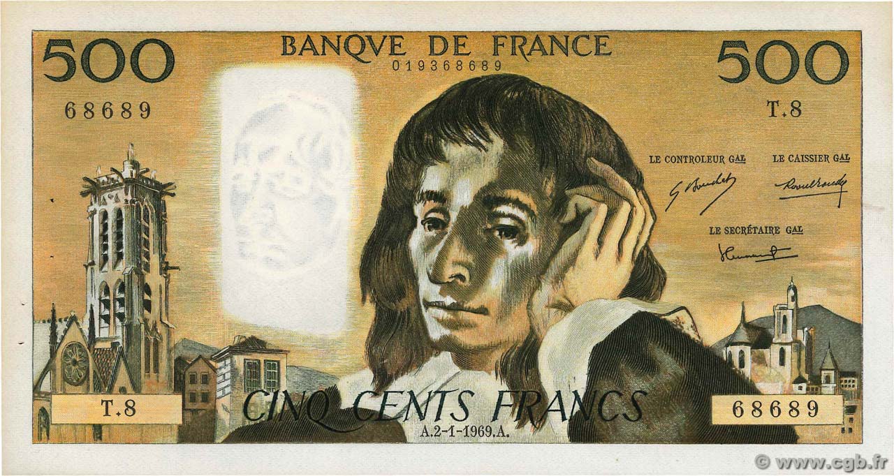 500 Francs PASCAL FRANCE  1969 F.71.03 XF+