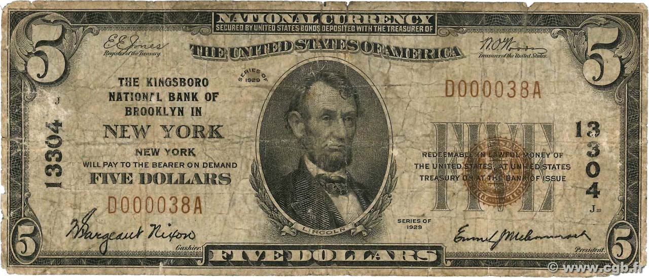 5 Dollars STATI UNITI D AMERICA  1929 FR.1800 B