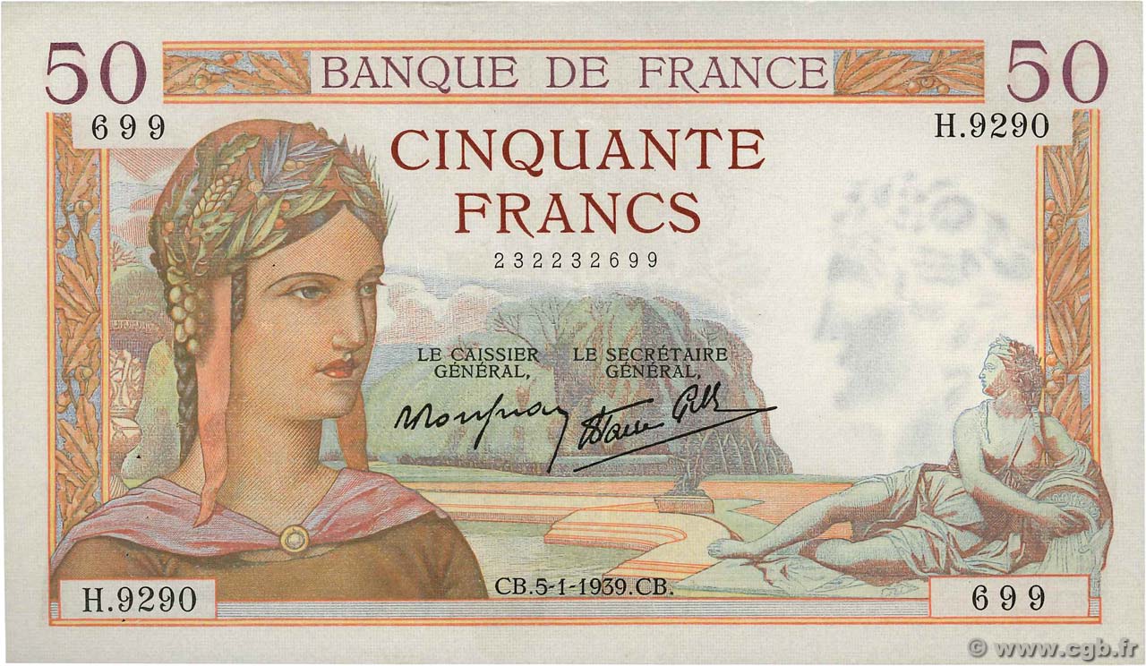 50 Francs CÉRÈS modifié FRANCE  1939 F.18.19 TTB+