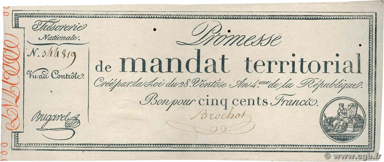 500 Francs sans série FRANCE  1796 Ass.62a SUP