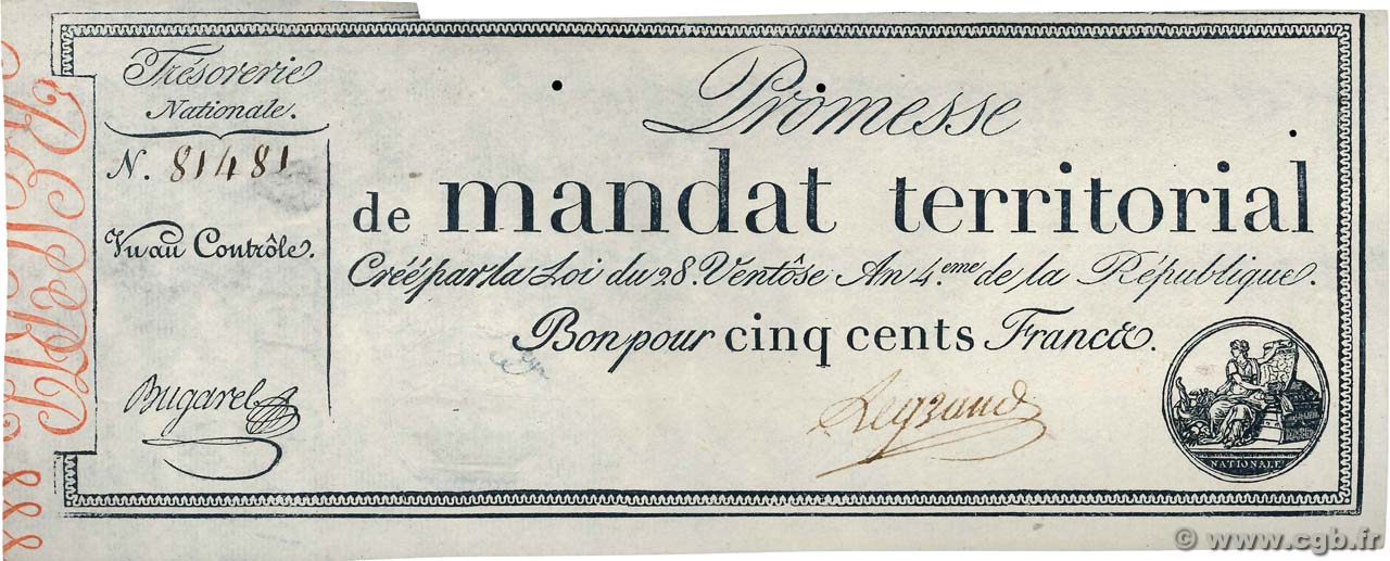 500 Francs sans série FRANCIA  1796 Ass.62a EBC