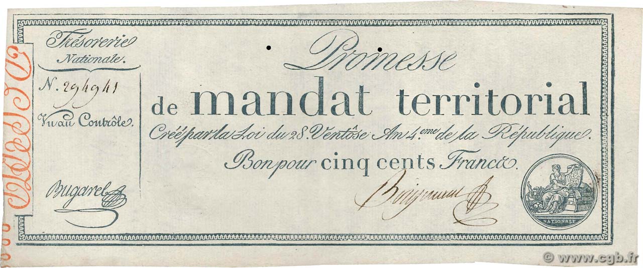 500 Francs sans série FRANCE  1796 Ass.62a XF