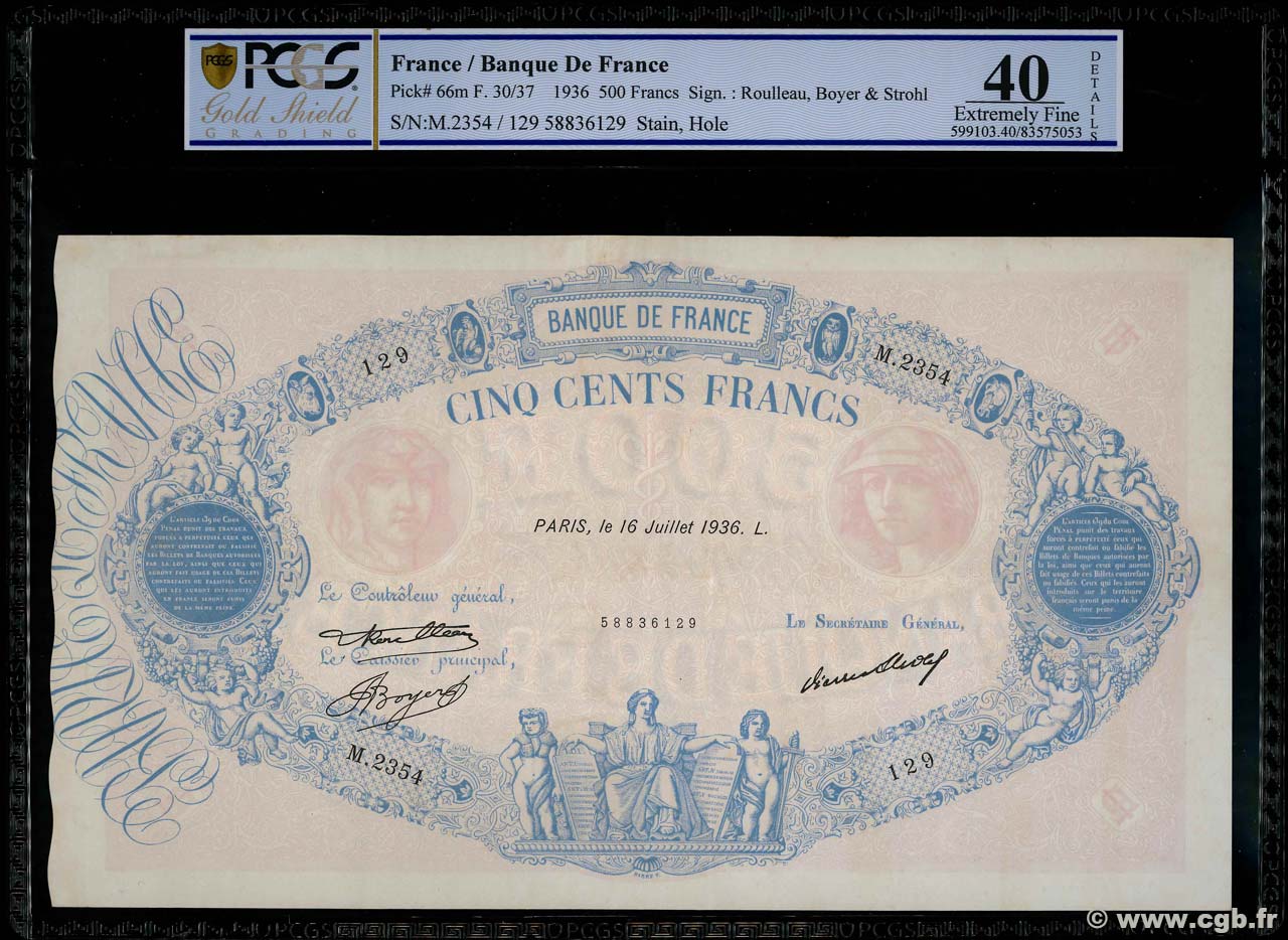 500 Francs BLEU ET ROSE FRANKREICH  1936 F.30.37 VZ