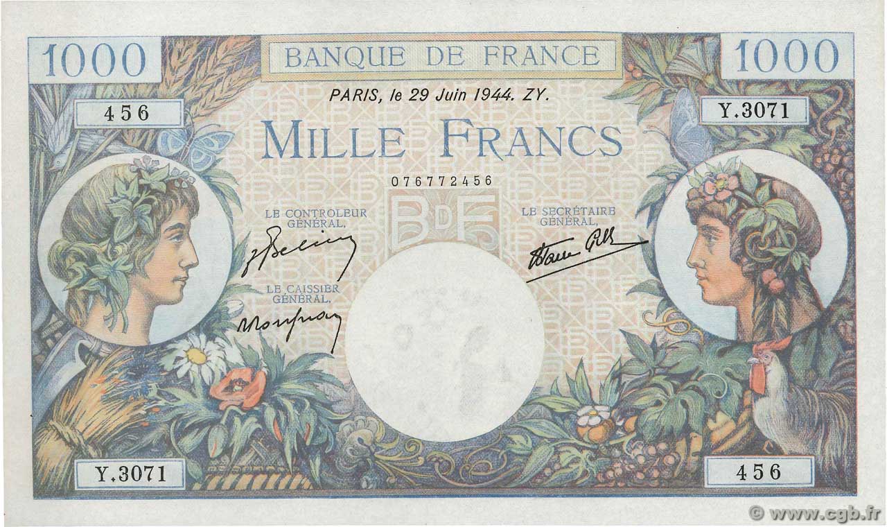 1000 Francs COMMERCE ET INDUSTRIE FRANCE  1944 F.39.09 SUP