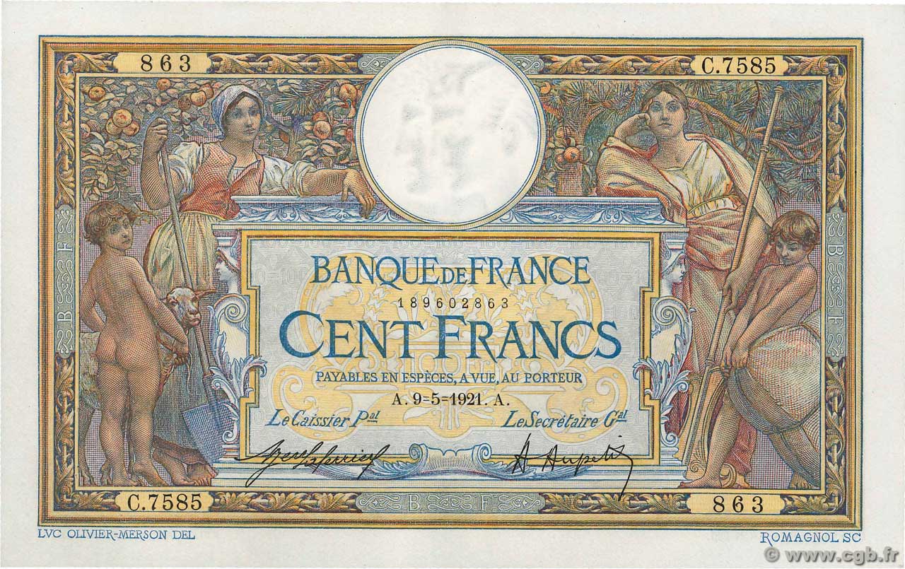 100 Francs LUC OLIVIER MERSON sans LOM FRANCIA  1921 F.23.14 EBC+