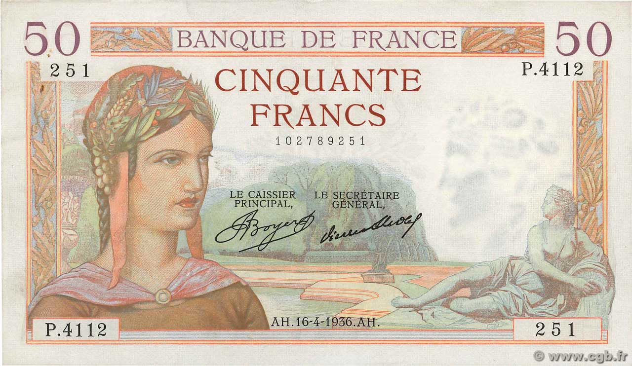 50 Francs CÉRÈS FRANKREICH  1936 F.17.24 fVZ