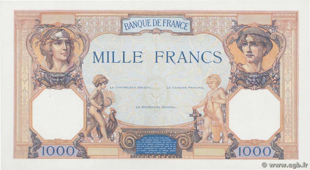 1000 Francs CÉRÈS ET MERCURE Épreuve FRANKREICH  1927 F.37.00Ec fST+
