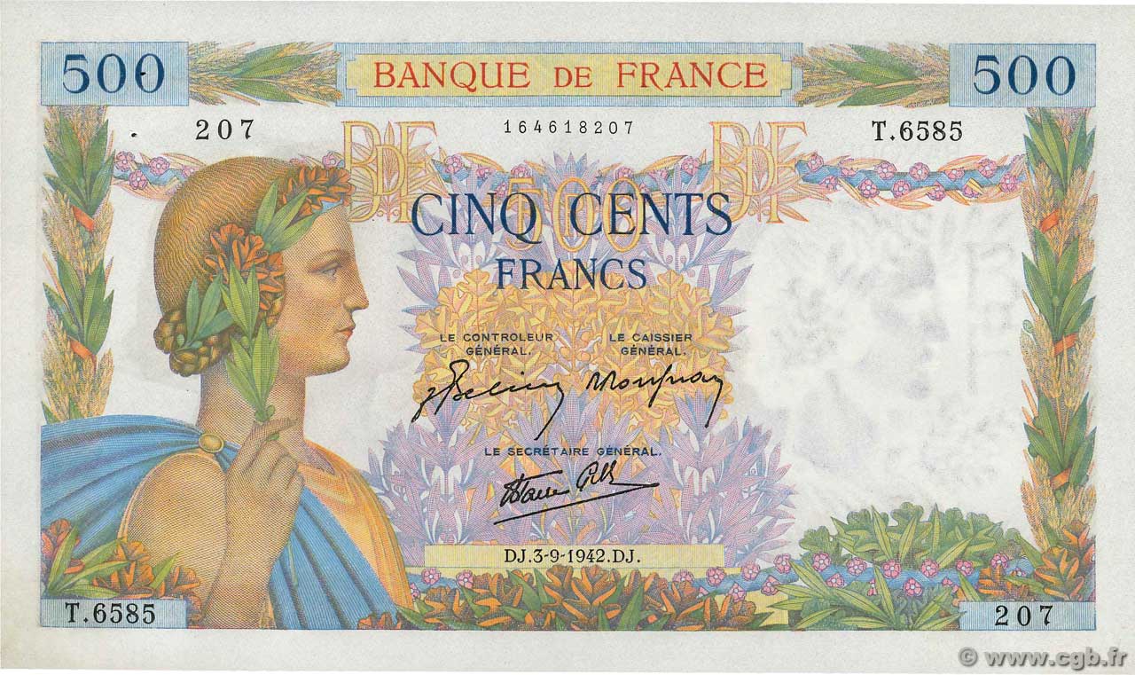 500 Francs LA PAIX FRANCIA  1942 F.32.39 AU