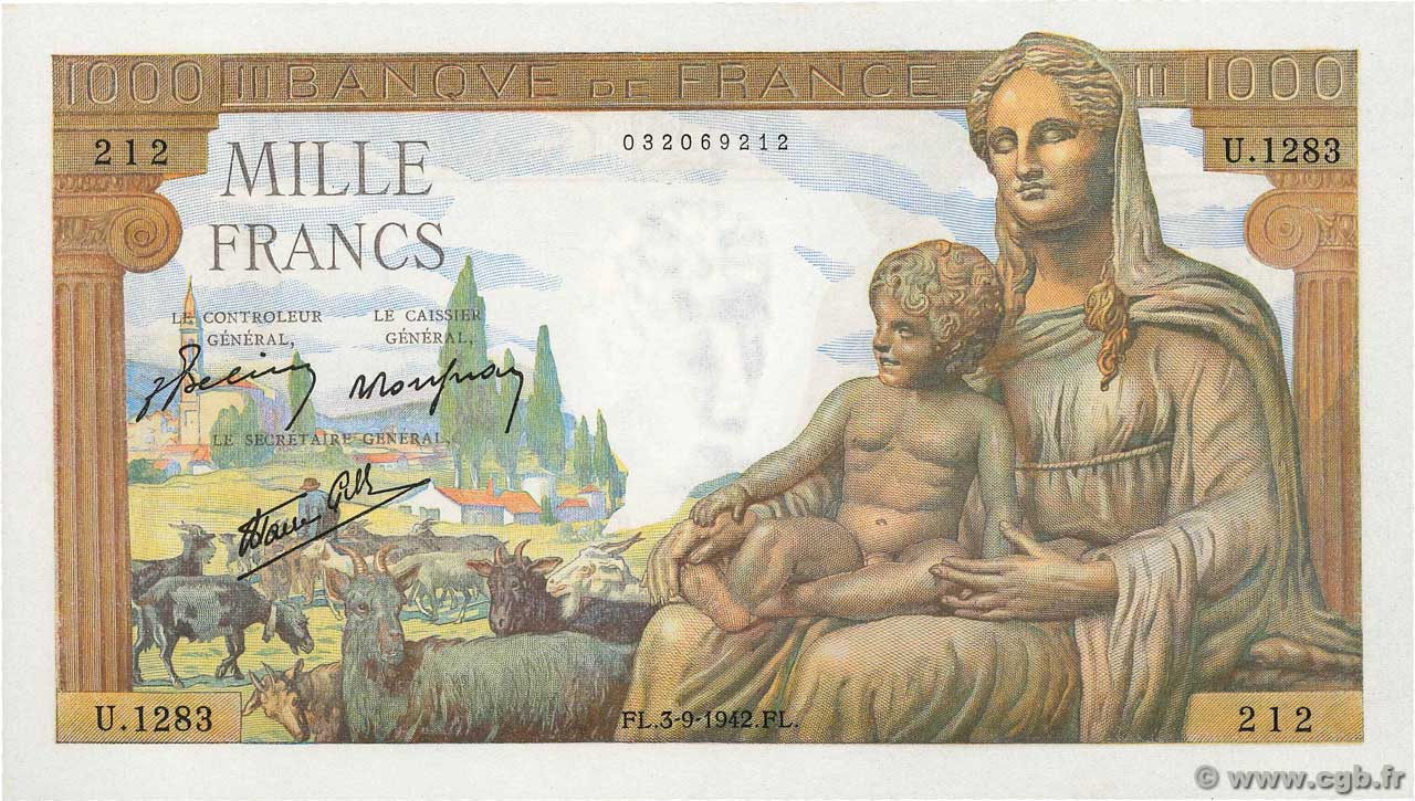 1000 Francs DÉESSE DÉMÉTER FRANCE  1942 F.40.06 pr.NEUF