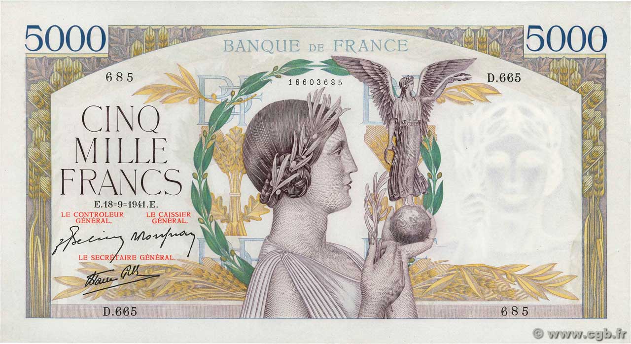 5000 Francs VICTOIRE Impression à plat FRANCE  1941 F.46.26 XF
