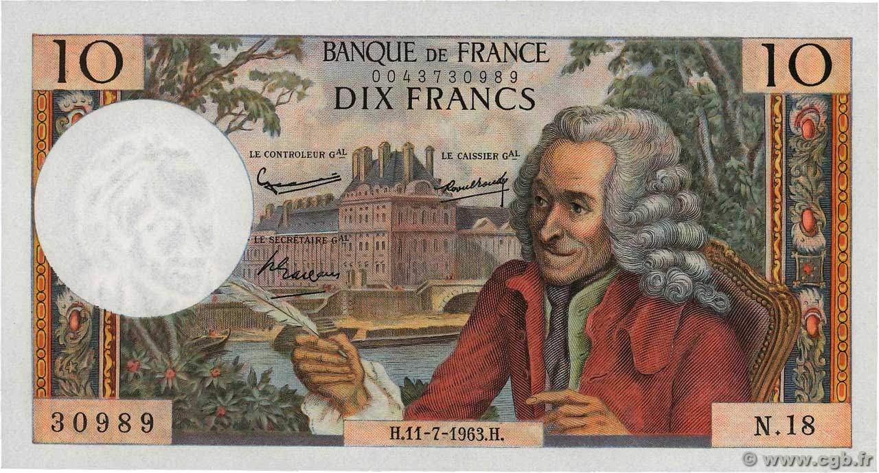 10 Francs VOLTAIRE FRANCE  1963 F.62.03 UNC-