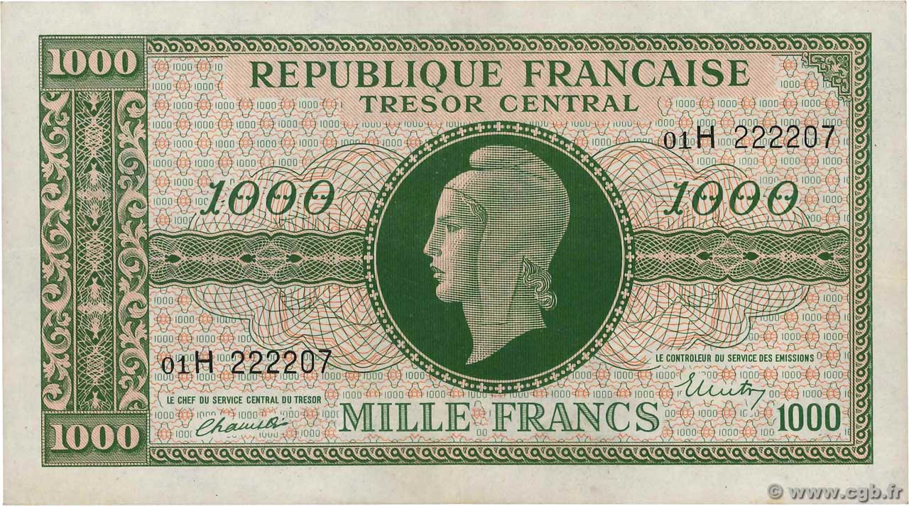1000 Francs MARIANNE THOMAS DE LA RUE FRANCE  1945 VF.13.03 XF