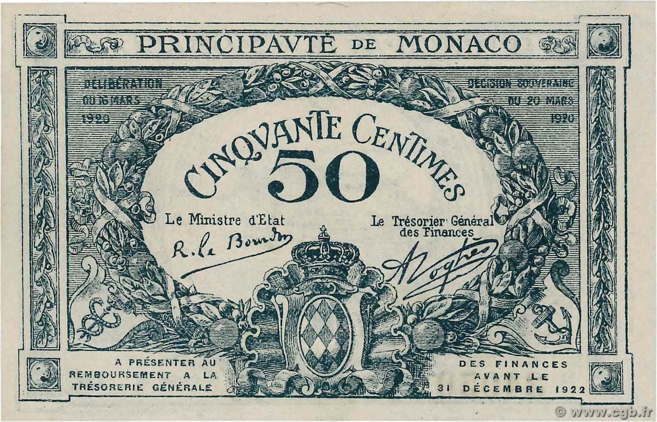 50 Centimes MONACO  1920 P.03a SUP+