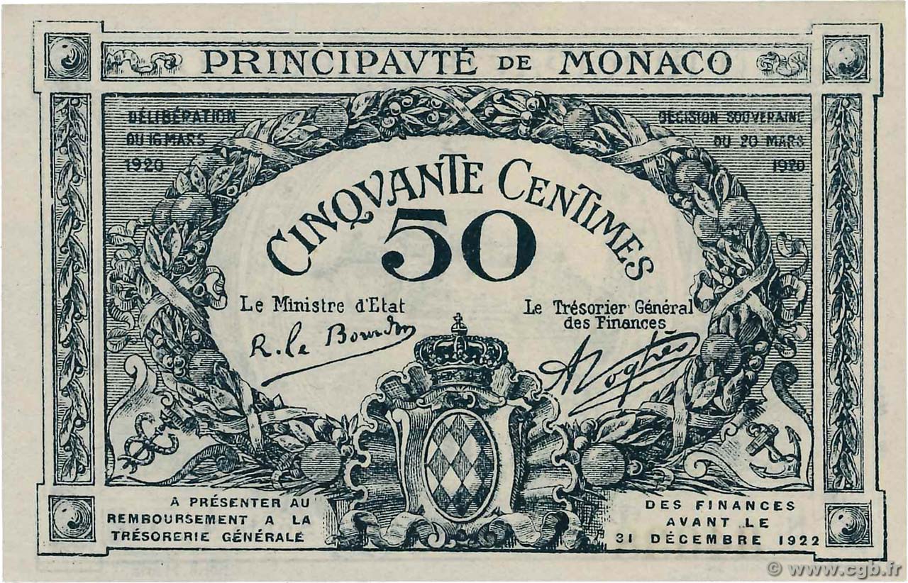 50 Centimes MONACO  1920 P.03a VZ+