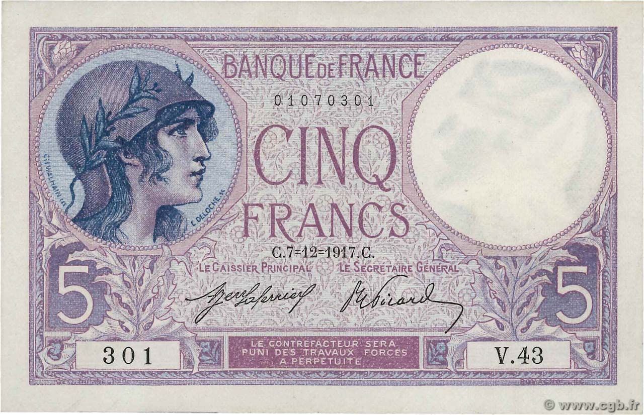 5 Francs FEMME CASQUÉE FRANCE  1917 F.03.01 XF