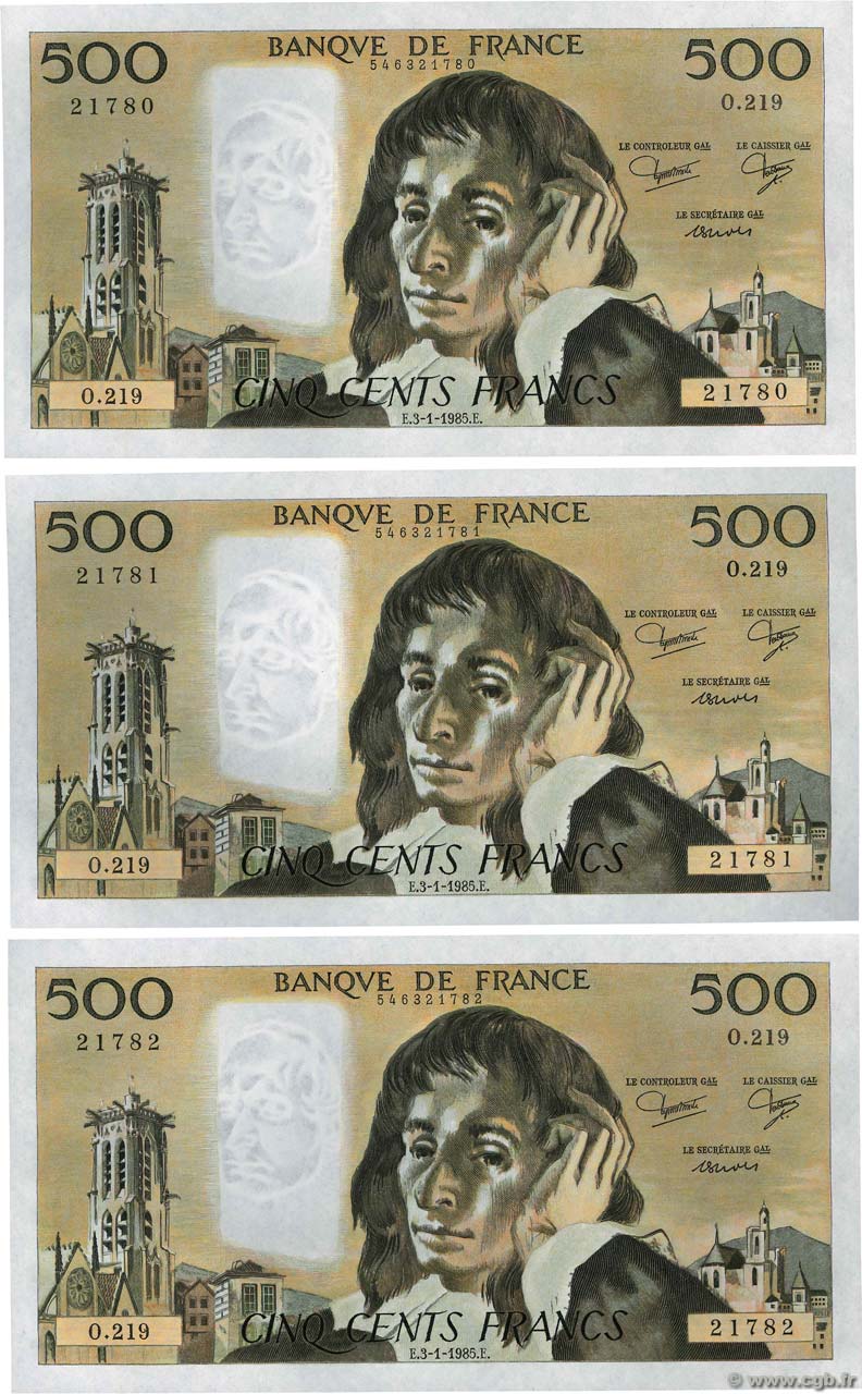 500 Francs PASCAL Consécutifs FRANCIA  1985 F.71.32 SC+