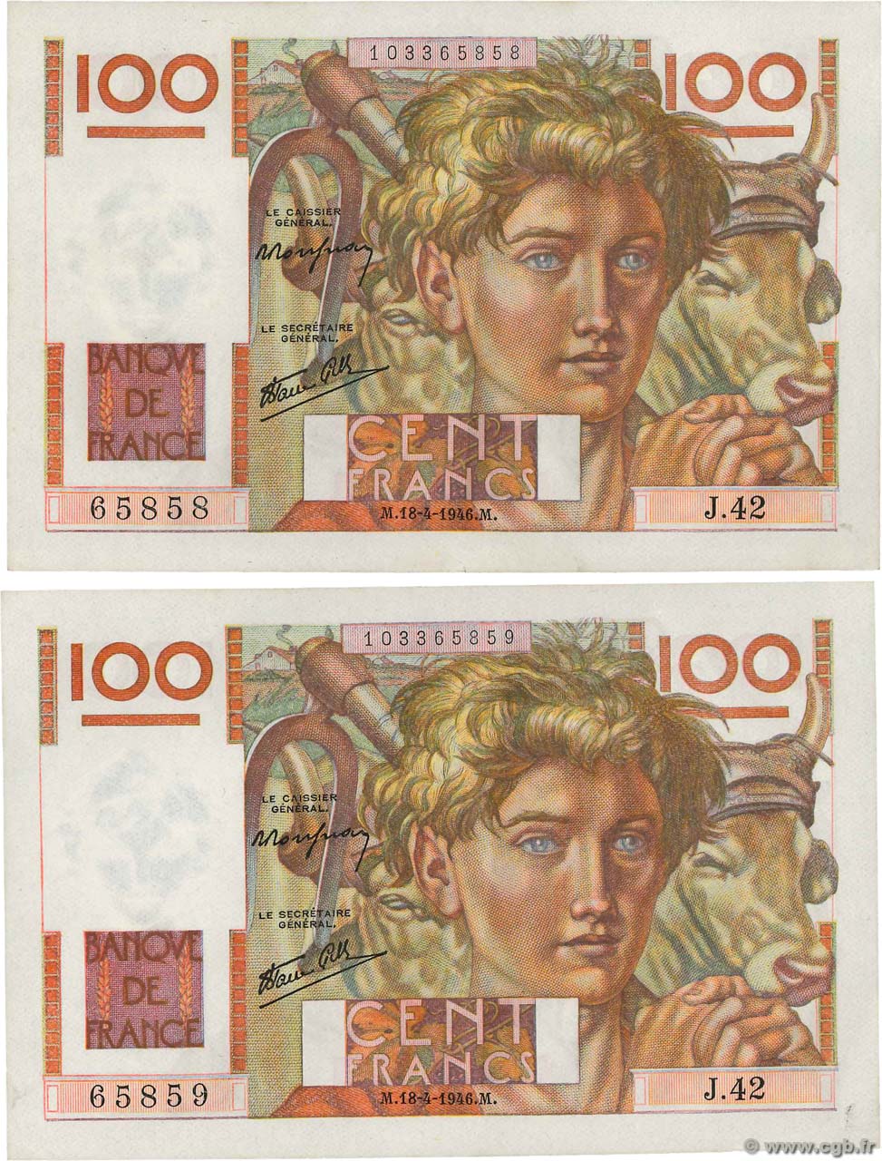 100 Francs JEUNE PAYSAN Consécutifs FRANCE  1946 F.28.03 SUP+