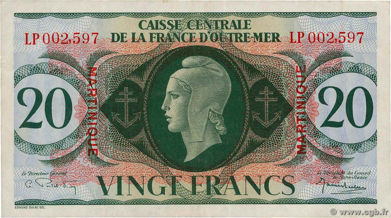 20 Francs MARTINIQUE  1944 P.24 TTB