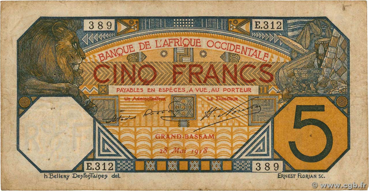 5 Francs GRAND-BASSAM  FRENCH WEST AFRICA Grand-Bassam 1918 P.05Db MB