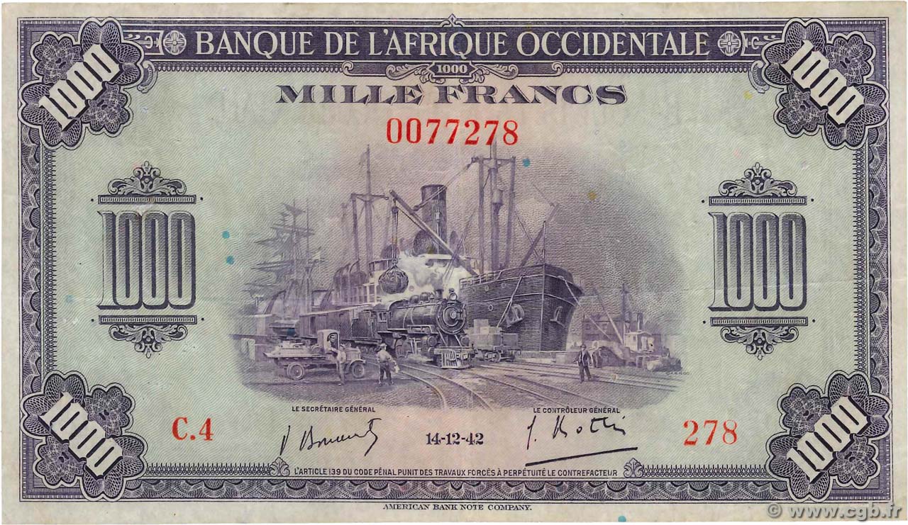 1000 Francs French West Africa 15 1958 1942 P 32a B94 4316 Banknotes