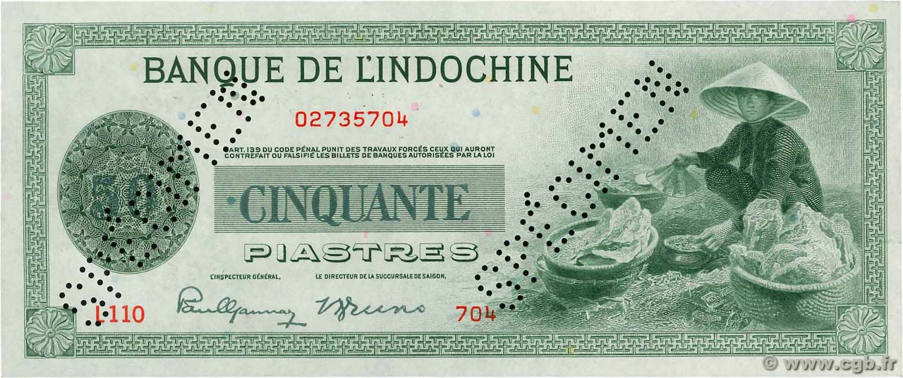 50 Piastres Spécimen INDOCHINE FRANÇAISE  1945 P.077s SPL