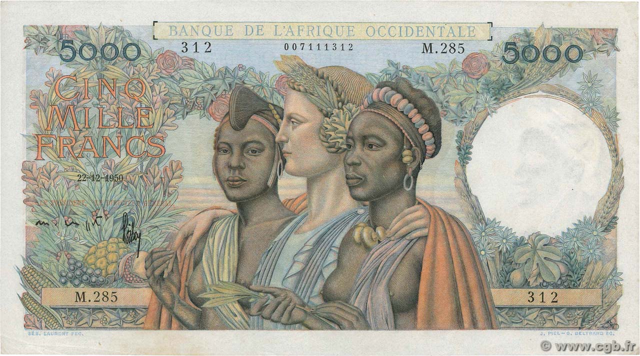 5000 Francs FRENCH WEST AFRICA  1950 P.43 VZ+