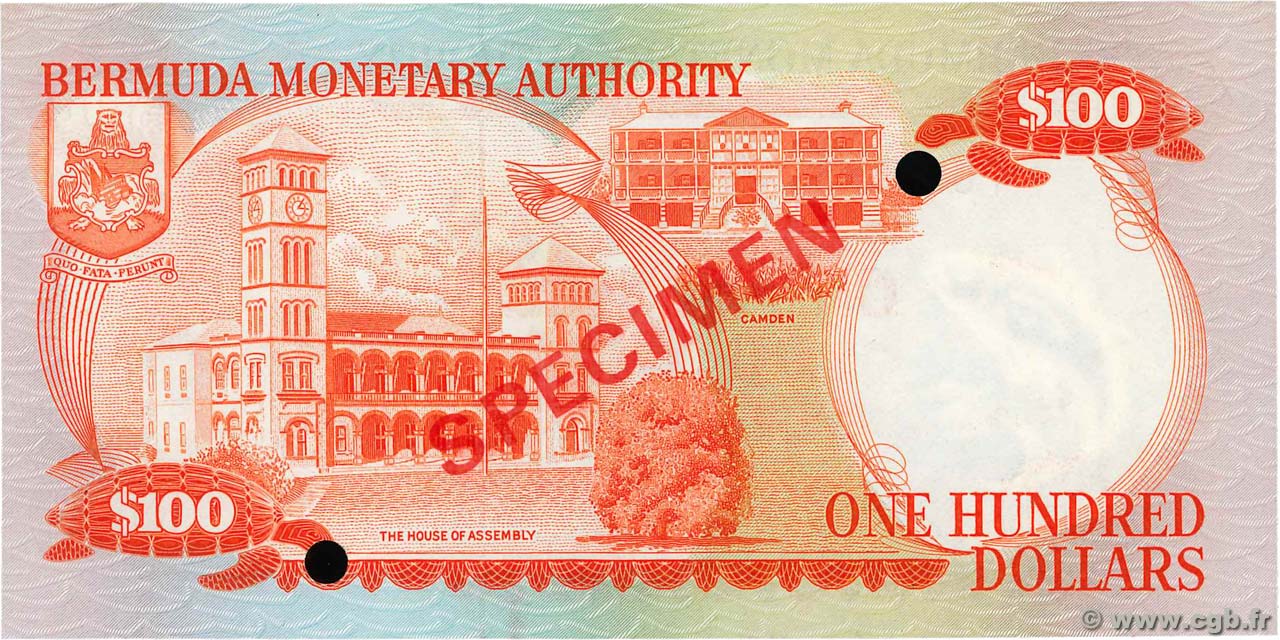 100 dollars spécimen bermuda 1982 p.33s