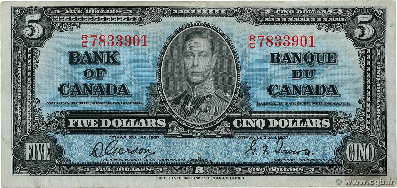 5 Dollars CANADA  1937 P.060c VF