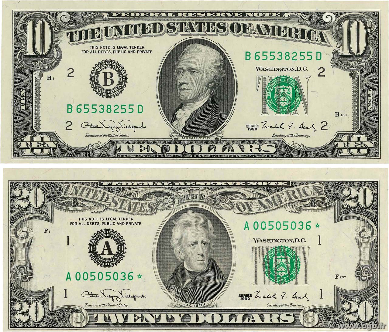 10 et 20 Dollars STATI UNITI D AMERICA  1990 P.486 et 487 FDC