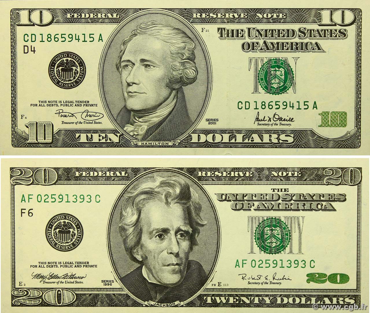 10 et 20 Dollars UNITED STATES OF AMERICA  1996 P.511 et 501 UNC