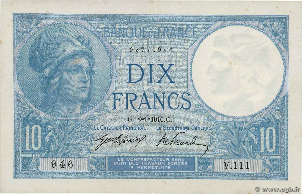 10 Francs MINERVE FRANCE  1916 F.06.01 XF