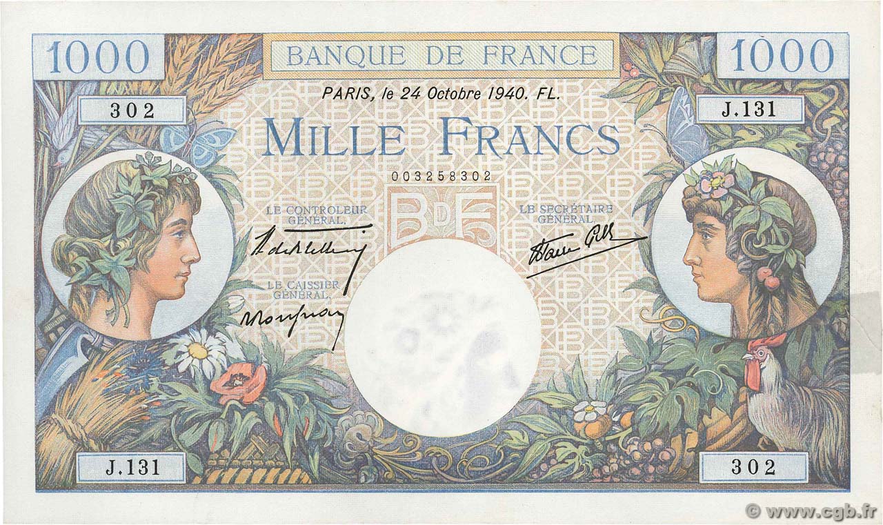 1000 Francs COMMERCE ET INDUSTRIE FRANCE  1940 F.39.01 XF+