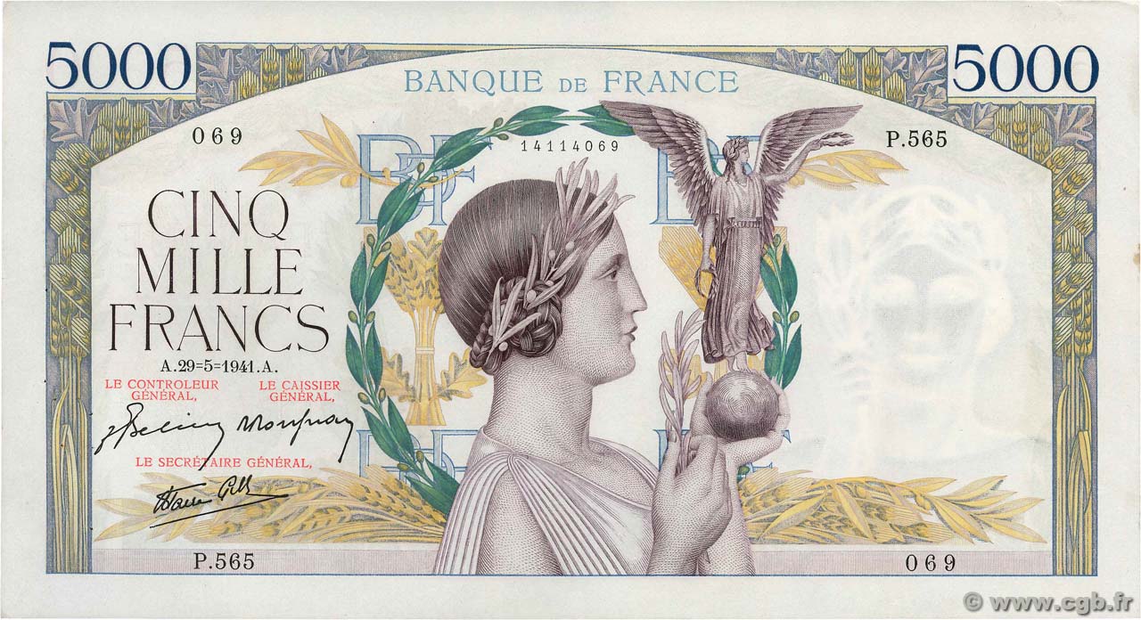 5000 Francs VICTOIRE Impression à plat FRANCE  1941 F.46.22 XF
