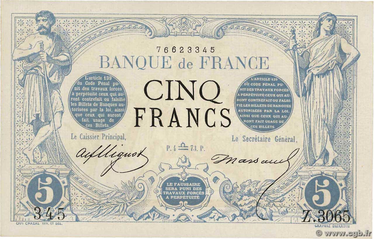 5 Francs NOIR FRANCE  1873 F.01.22 AU+