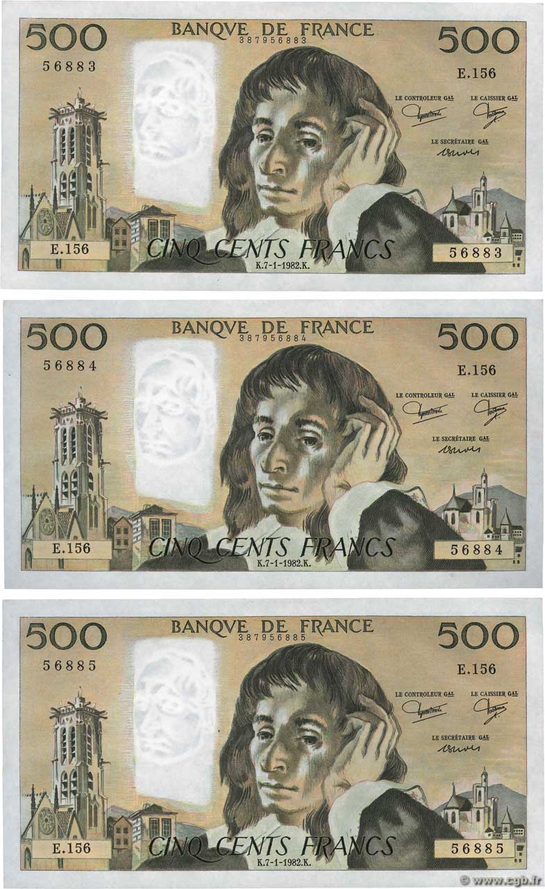 500 Francs PASCAL Consécutifs FRANCE  1982 F.71.26 UNC-