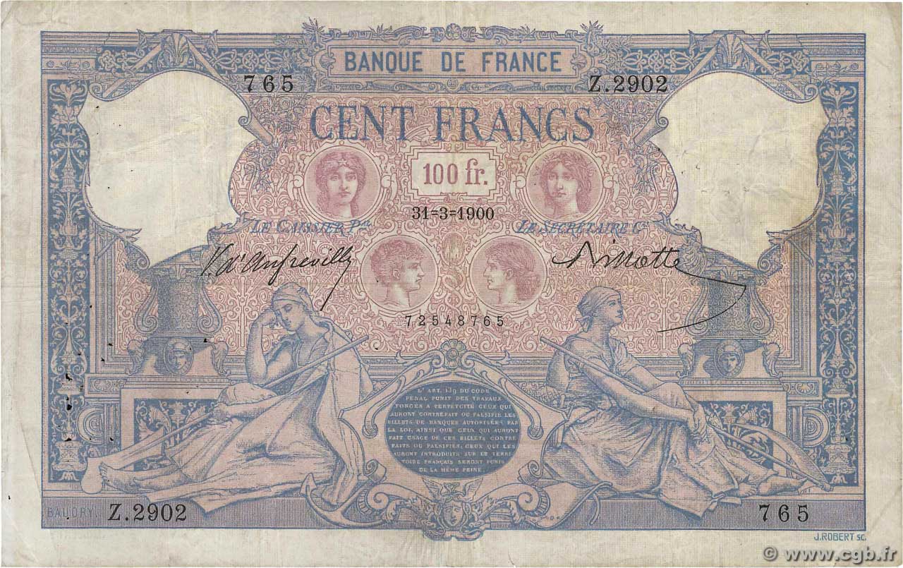 100 Francs BLEU ET ROSE FRANCE  1900 F.21.13 F-