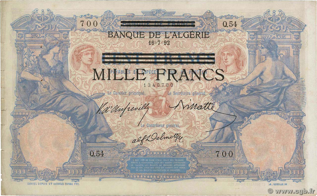 1000 Francs sur 100 Francs TUNISIA  1892 P.31 VF-