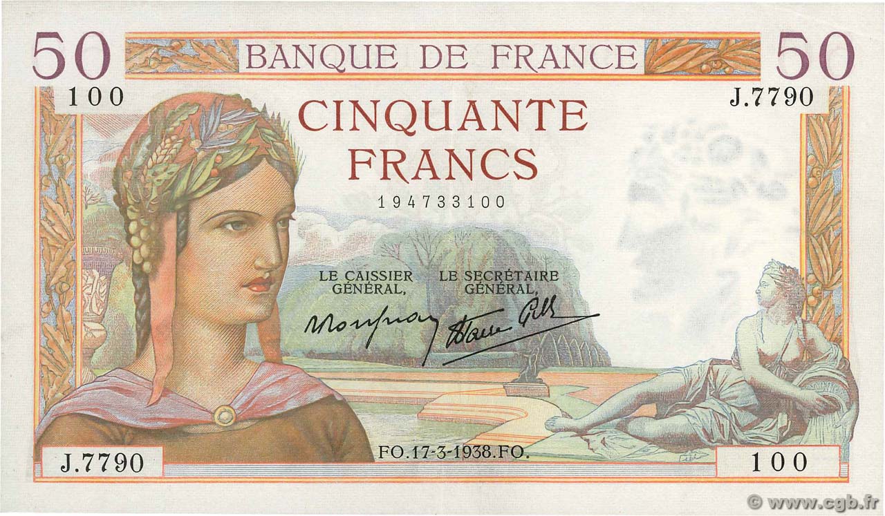 50 Francs CÉRÈS modifié FRANCIA  1938 F.18.10 SPL