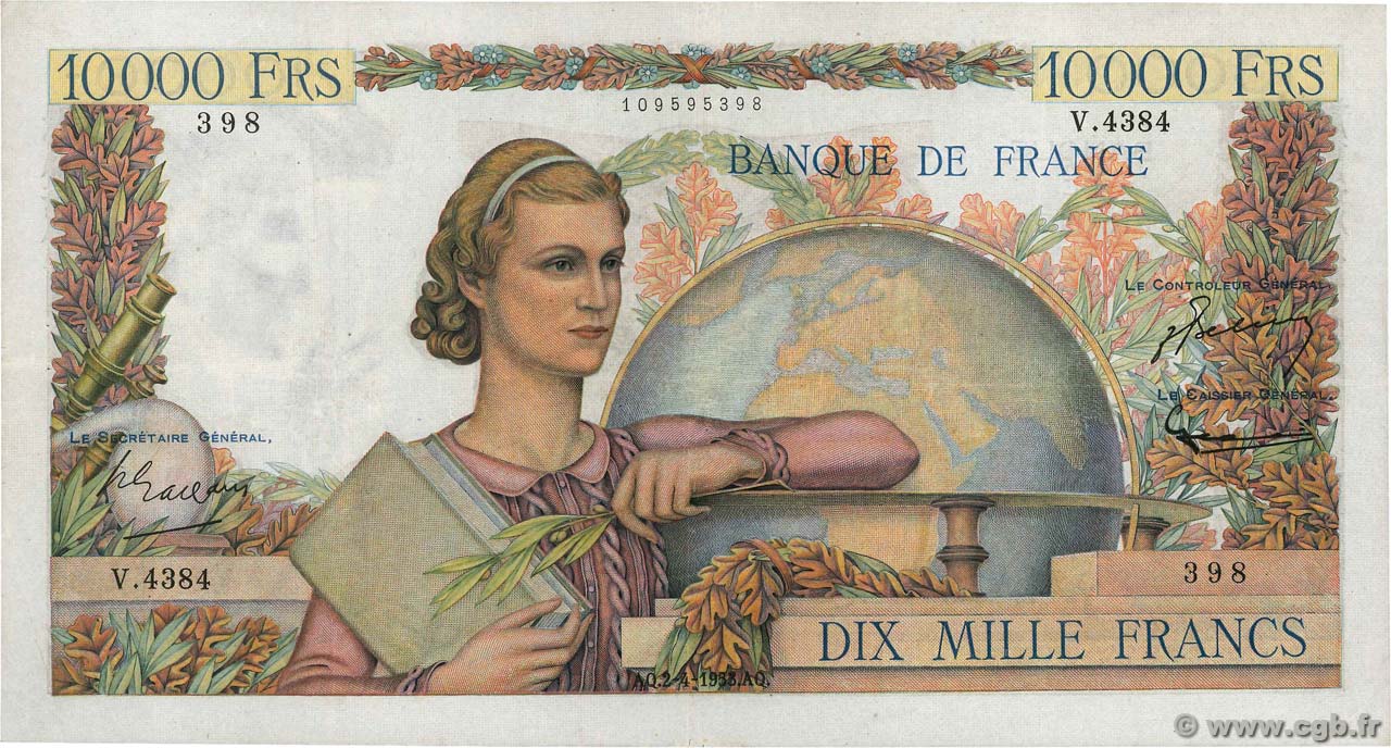 10000 Francs GÉNIE FRANÇAIS FRANCIA  1953 F.50.64 BB