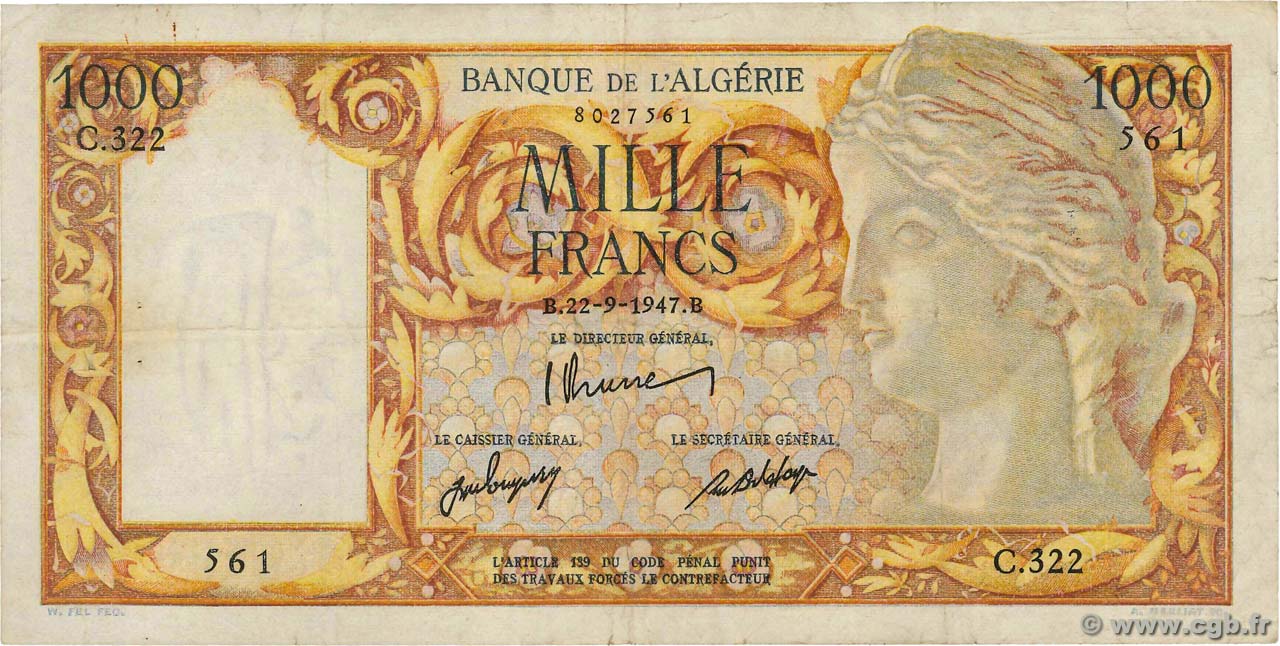 1000 Francs ALGÉRIE  1947 P.104 TB+