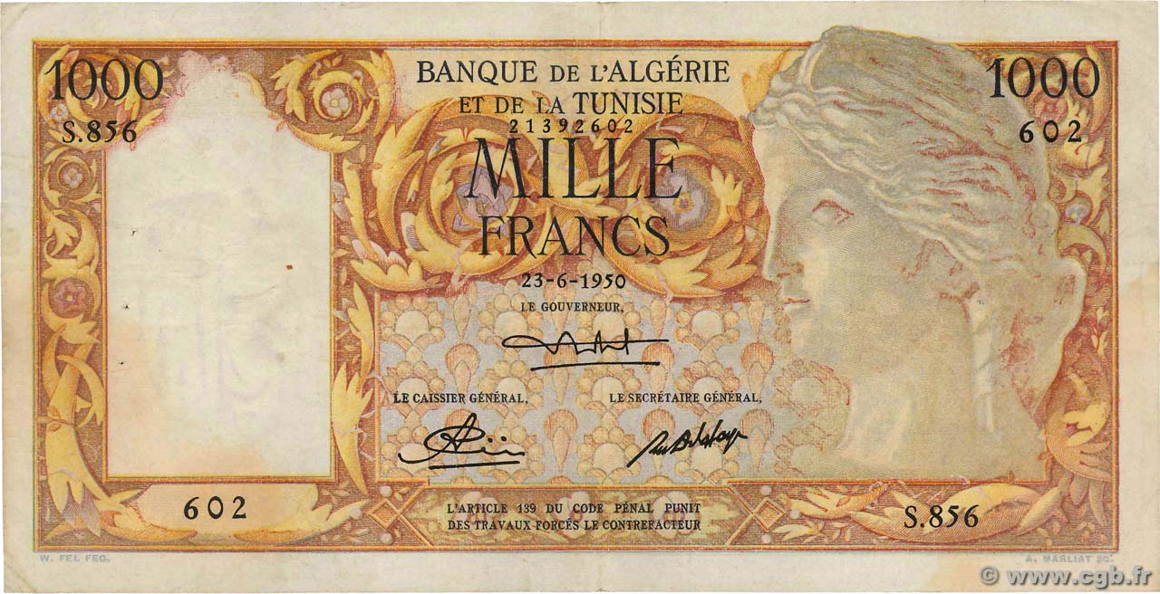 1000 Francs ALGERIA  1950 P.107a q.BB
