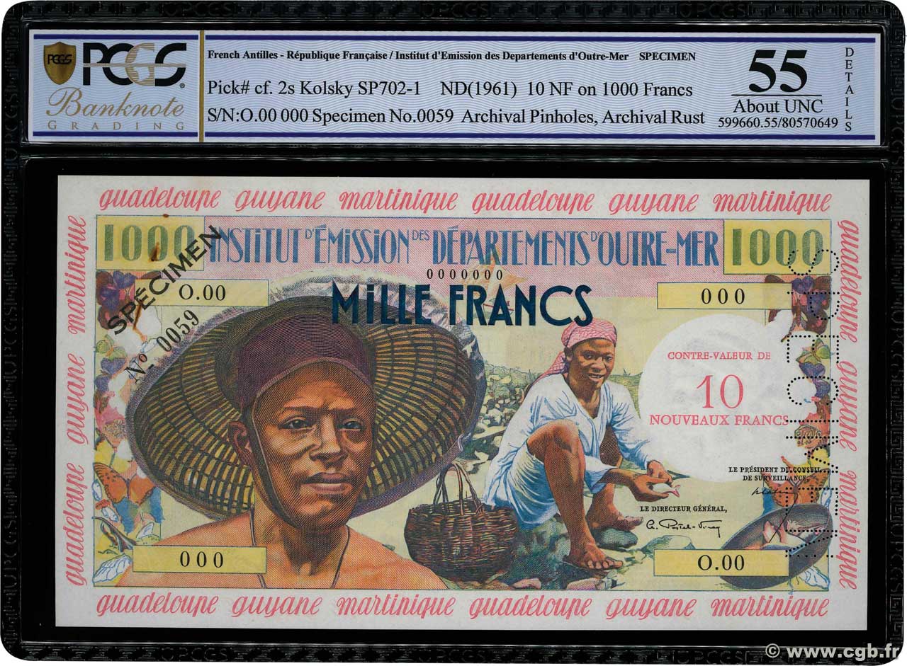 10 Nouveaux Francs sur 1000 Francs Pêcheur Spécimen ANTILLES FRANÇAISES  1960 P.02s SUP+