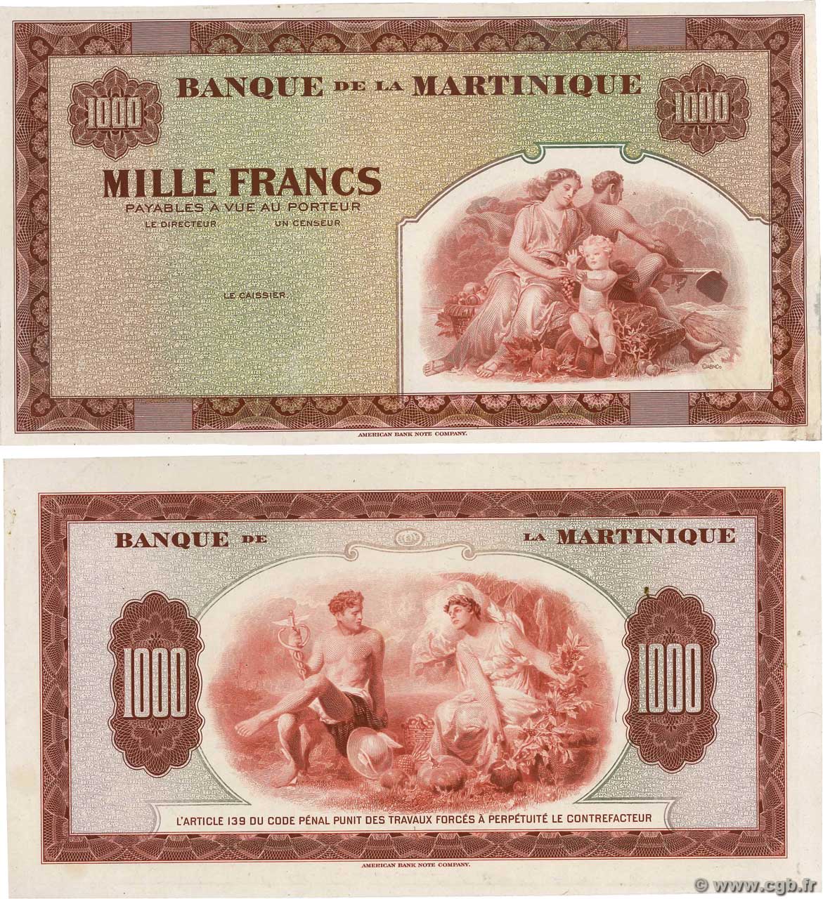 1000 Francs Épreuve MARTINIQUE  1943 P.21s SUP+